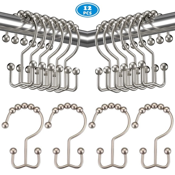 NimJoy Set of 12 Double Shower Curtain Hooks, Easy Glide Metal Rollerball Shower Ring Hook, Brushed Matte Nickel Finish