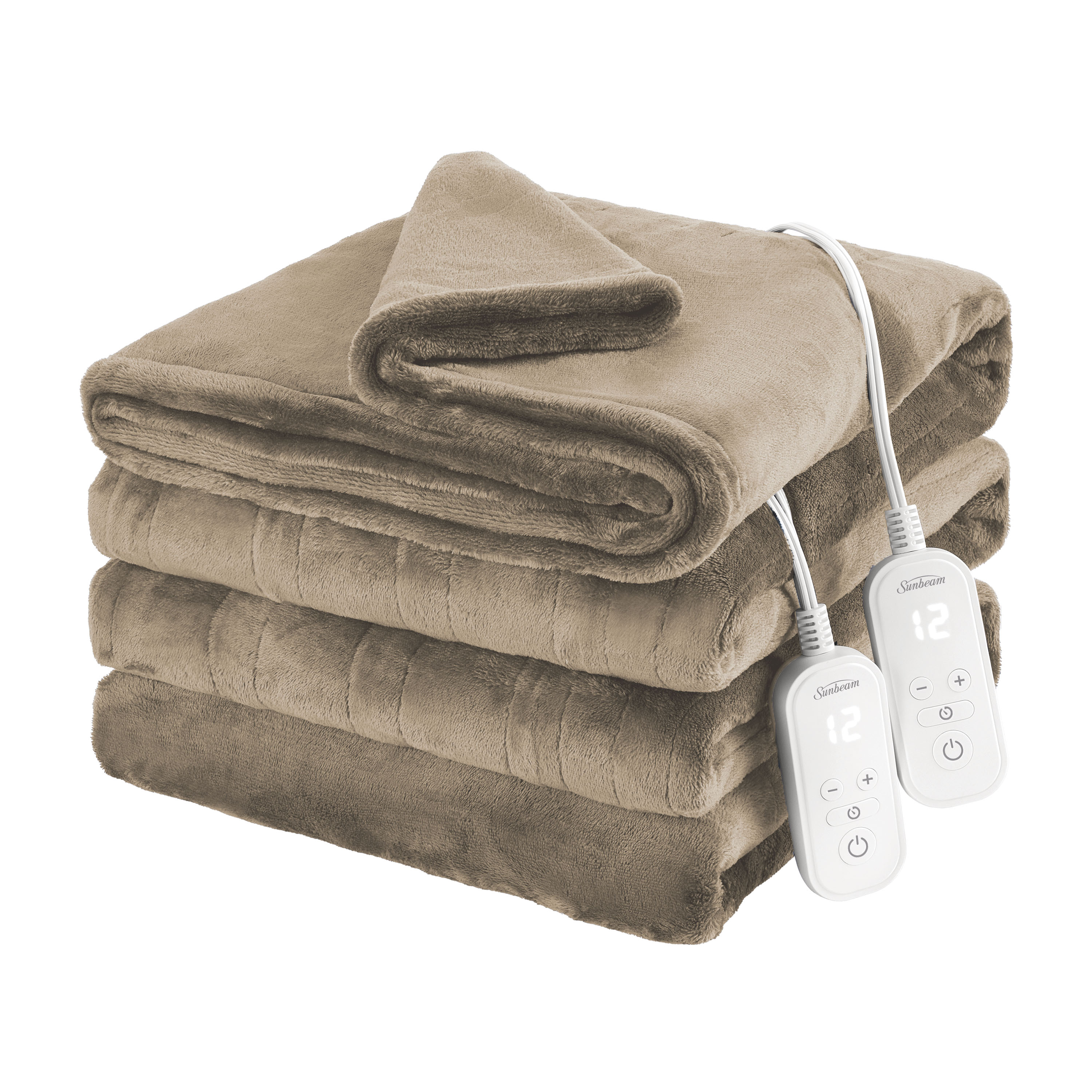Couverture chauffante Sunbeam en velours taupe 12 réglages de chaleur format double/queen, 90 x 84 po