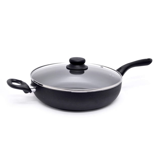 Starbasix 28 cm (11") Deep Fry Pan with Lid, black non-stick aluminum skillet with long handle and helper handle, clear tempered glass lid with black knob, oven safe to 350°F, dishwasher safe, suitable for frying, sautéing, and meal prep.