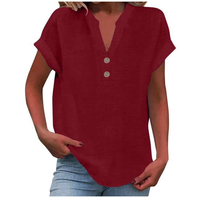 2025 Women Spring Summer Clothing Casual Tops for Women Solid Button Back Ruffled Quarter Sleeve Trim Blouse Casual Short Button Up Blouse for Women Sleeve Blouse