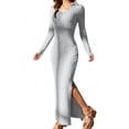 thumbnail image 2 of Liquidation! Mode pour Femmes, Robe à Rayures à Col en V pour Femmes, Couleur Unie, Tricotée, Ajustée, à Revers, à Manches Longues, Gris, TTG, 2 of 6
