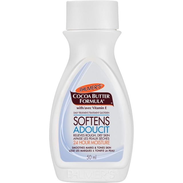 Palmer’s Cocoa Butter Formula Daily Skin Therapy Body Lotion 24 Hour Moisturization Trial & Travel 50ml white plastic bottle with a white screw cap, labeled with cocoa butter and vitamin E, designed to soften and soothe rough, dry skin while providing 24-hour hydration, suitable for travel size body care.
