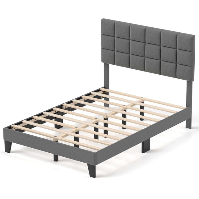 Costway Full Size Bed Frame Modern Linen Fabric Upholstered Platform Bed with Headboard in gray. Features a soft upholstered headboard with a quilted design, adjustable to three heights to accommodate 8-14 inch mattresses. The platform bed includes 10 sturdy plywood slats and 6 extra rubber wood legs for enhanced stability, eliminating the need for a box spring. The breathable linen fabric and elevated 6-inch base provide comfort and practicality. Dimensions: 80 x 58 x 45/47/49 inches (L x W x H).