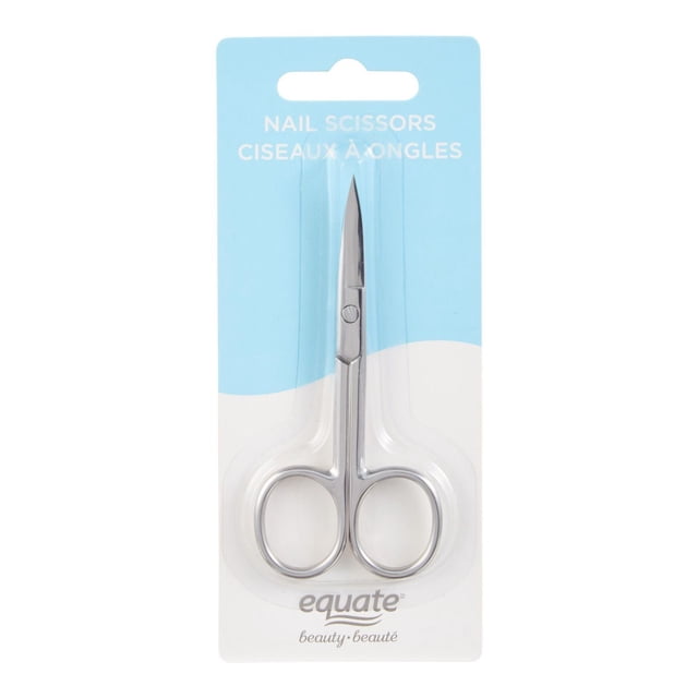 Equate Ciseaux à Ongles Beauté avec Lames en Acier Inoxydable et Trous Arrondis pour les Doigts, Emballés sur une Carte Bleue et Blanche avec Étiquetage Bilingue des Soins des Ongles, Conçus pour une Taille et un Soin Précis des Ongles.