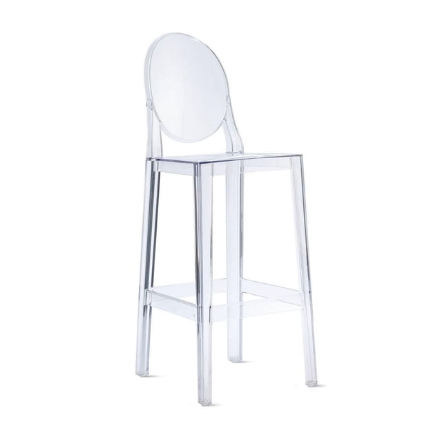 Ghost Stool 26" Clear Plastic Acrylic Dining Chair Bar Stool with a transparent round backrest, square seat, and four straight legs with footrest, made from shock and weather resistant clear acrylic plastic suitable for indoor and outdoor use.