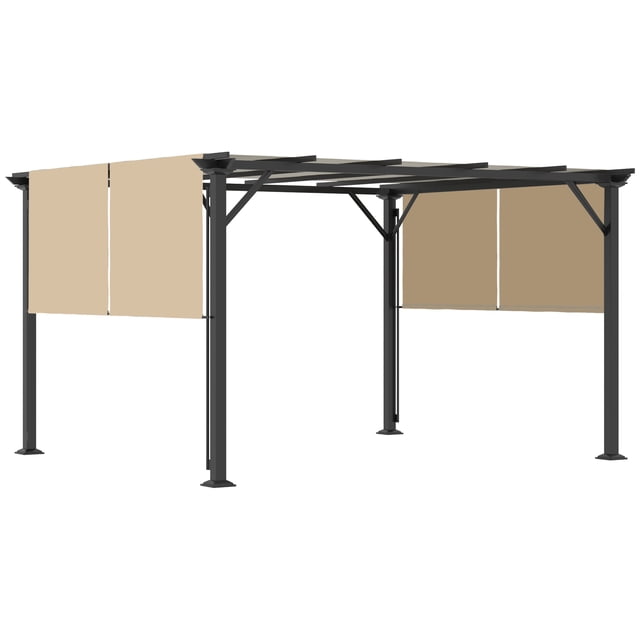 Outsunny 10' x 12' Retractable Pergola Canopy in beige, featuring a durable black steel frame and UV-resistant polyester canopy. Ideal for outdoor spaces like patios, backyards, or decks, it provides adjustable shade and sunlight control. Often used for outdoor dining or seating setups. Assembly required.