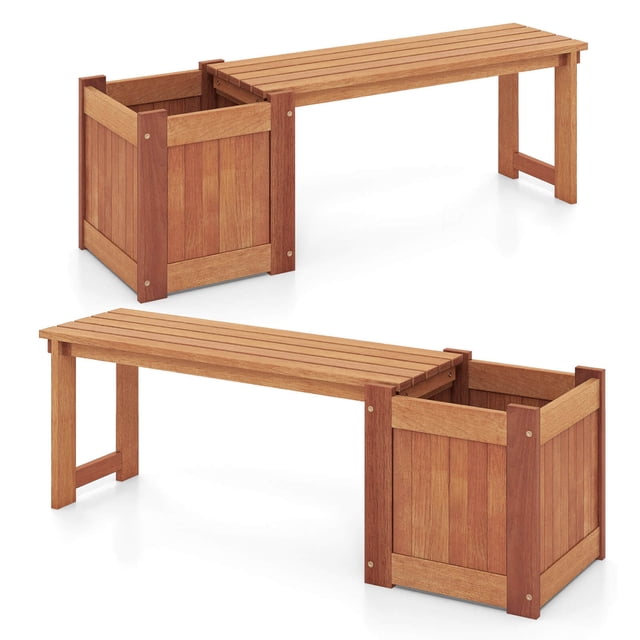 Costway 2 PCS Hardwood Flower Box with Bench Spacious Seat Open-ended Bottom Perfect