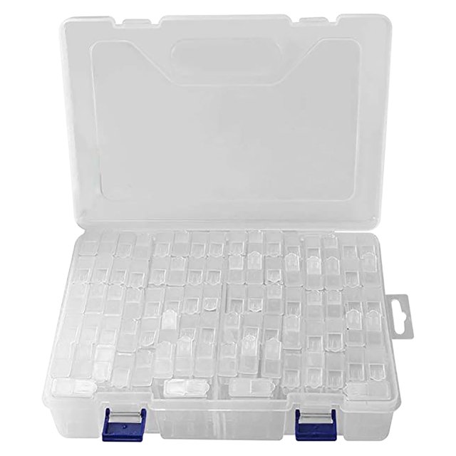 Vadktai 84 Grids Large Separate Beads Organizer Storage Diamond Embroidery Box with transparent compartments and blue locking clips. Designed for organizing diamond painting accessories, beads, and small craft items, this portable storage box includes a handle and tightly sealed grids for secure storage.