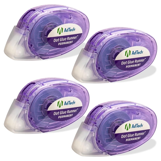 4pk Glue Dot Runner showing two refillable AdTech purple glue runners with clear tips, acid-free and photo-safe adhesive that applies purple and dries clear, ideal for scrapbooking, crafting, and taping envelopes.