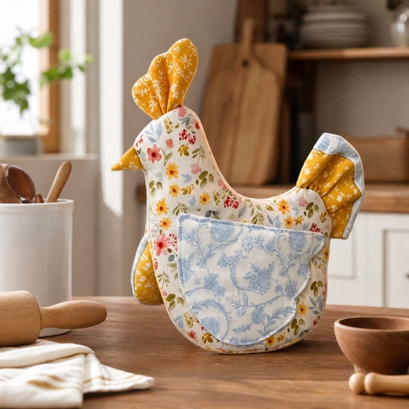 Handmade Hen Shaped Oven Mitt, Quilted Heat Resistant Pot Holder Set, Machine Washable Kitchen Decor Glove for Baking and Grilling