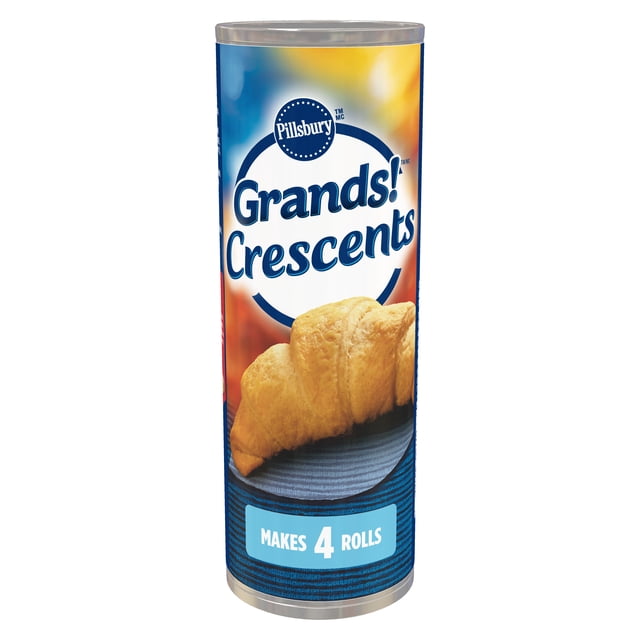 Pillsbury Grands! Croissants Prêts à Cuire Rouleaux de croissant Boîte de Pâte avec Fond Dégradé Bleu et Jaune, Montrant un Rouleau de croissant Doré sur une Assiette Bleue, Contenant de la Pâte pour Faire 4 Rouleaux.