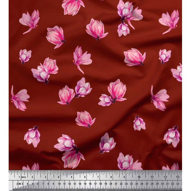 Soimoi Polyester Crepe Fabric Magnolia Floral Print Fabric by The Yard 42 Inch Wide