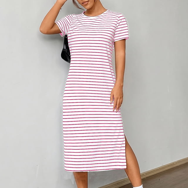 Ovzne Robes Grande Taille pour Femmes Rondes Robe d'Été Mode Femmes Été Poche Décontractée Robe Unie Col Rond Manches Courtes Robe de Vacances Manches Courtes Liquidation