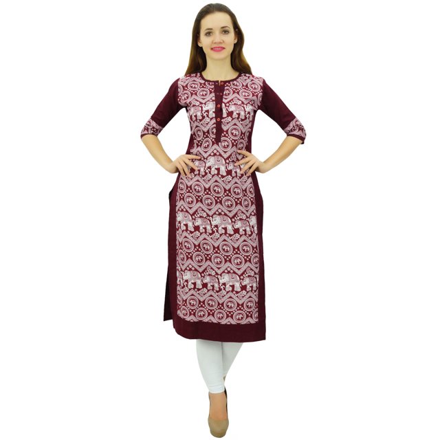 Phagun Kurta Droite Bordeaux pour Femmes, Manches 3/4, Kurti Décontractée Imprimée - 24