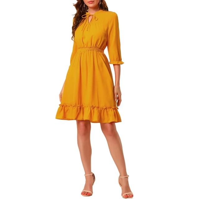 INSPIRE CHIC Women's Layered Ruffle Hem 3/4 Sleeves Smocked Chiffon A-Line Dress S Yellow