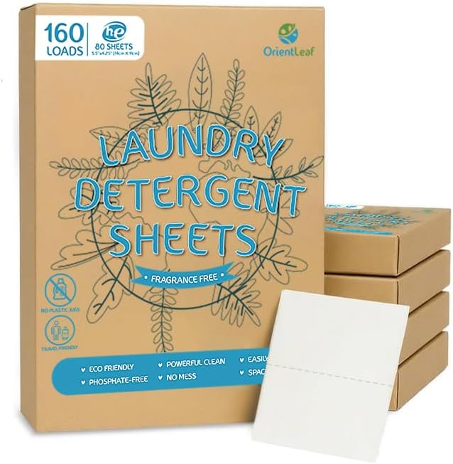 OrientLeaf Laundry Detergent Sheets Fragrance Free, Eco-Friendly, Powerful Cleaning, Up to 160 Loads (80 Sheets), Hypoallergenic Laundry Soap Sheets for Travel and Home Washing