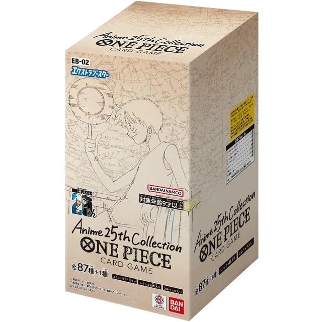 Jeu de Cartes One Piece Extra Booster Anime 25th Collection EB-02 Boîte Booster (Japonais) - 24 Paquets. la Boîte Présente une Oeuvre Inspirée de l'Anime Télé « One Piece », avec un Fond beige et un Croquis d'Un Personnage Tenant une Loupe. Comprend 24 Paquets avec 87 Cartes Uniques plus 1 Carte Supplémentaire, Toutes Présentant de Nouvelles illustrations. Fabriqué par Bandai Hobby.