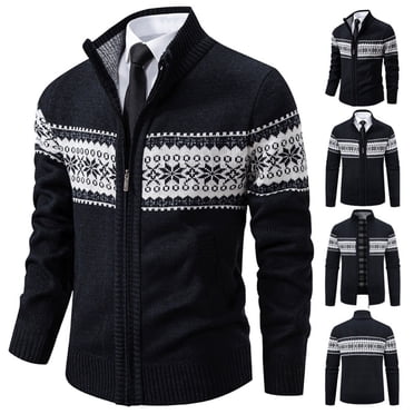Men's Winter Sweater Coat Long Sleeve High Neck Print Check Cardigan Jacket Warm Lined Outerwear