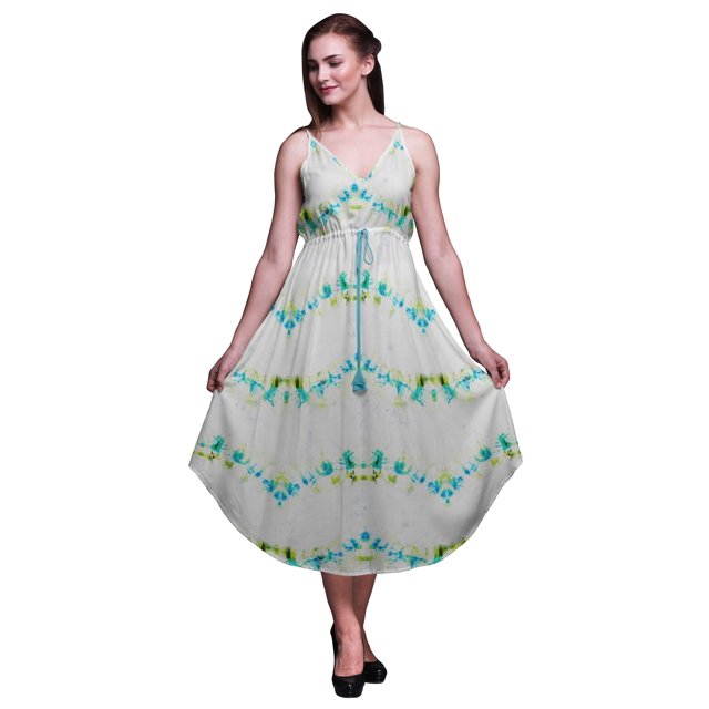 Bimba Robe Midi Bohème Sans Manches Imprimée Teinture sur Nœuds pour Femmes - Moyen