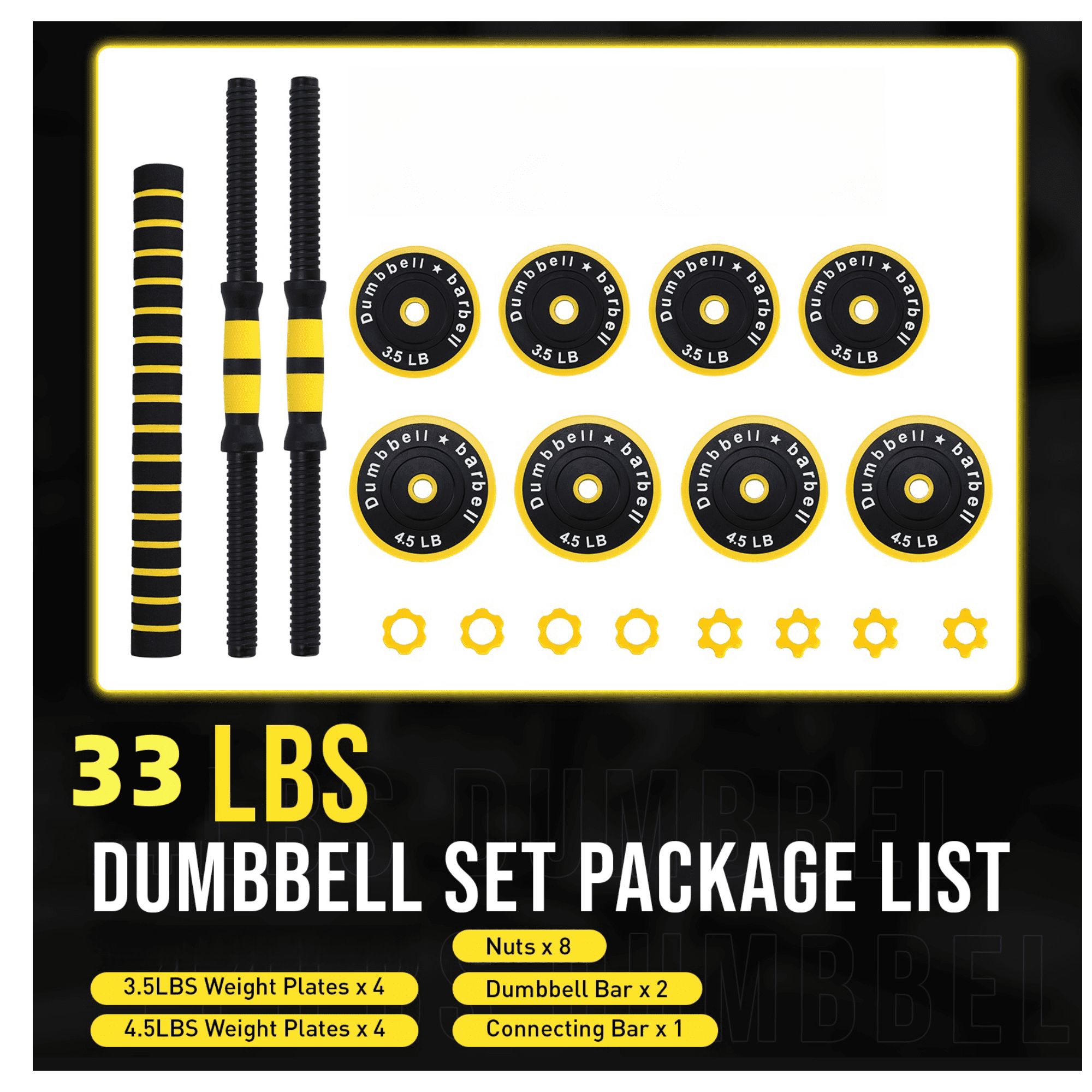 GloryStar 2-in-1 Adjustable Dumbbell Set, 33 lbs Multifunctional Free Weight Set for Dumbbell and Barbell, Yellow+Black, Home Strength Training