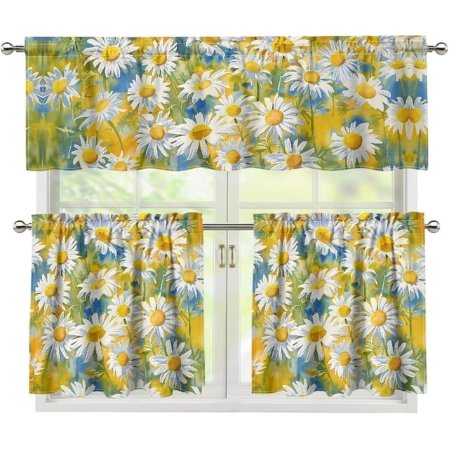 Daisy 3 Piece Kitchen Curtains and Valances Set Farmhouse Style Tier Window Curtains Rod Pocket Short Window Curtains Panels 24 Inch Length Sets European Window Treatment Set