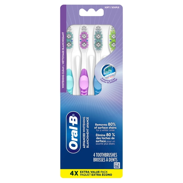 Oral-B Vivid Whitening Toothbrushes, Soft, pack of 4 manual toothbrushes with white handles and multicolored polishing cup bristles in blue, purple, teal, and green, designed to remove surface stains and plaque for a whiter smile, featuring extra-long PowerTip bristles and blue indicator bristles.
