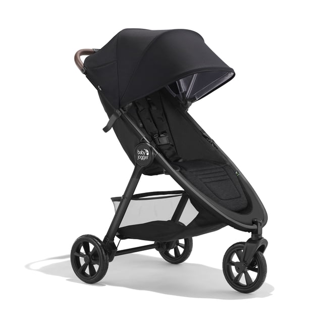Baby Jogger city mini GT3 All-Terrain Stroller, Rich Black. Three-quarter profile showing forever air rubber tires and all-wheel suspension (spec), adjustable leatherette handlebar, large canopy with three magnetic-closure vents, near-flat reclining seat, one-hand self-standing fold and roomy underseat storage.