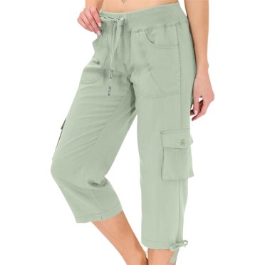 Kaemgyyd Cargo Pants Women Elastic Waist Lightweight Capri Pants Casual Straight Leg Cropped Trousers with Multiple Pockets