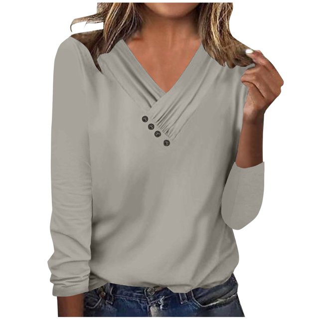 Timegard Womens Tops V-Neck Ruched Button Long Sleeve Solid Color Comfy Tee Dressy Casual Tunic Top