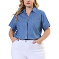 thumbnail image 1 of GRACE & GRANDEUR Women's Plus Workout Tops Chest Pocket Button Down Denim Shirts Sky Blue 2X, 1 of 6