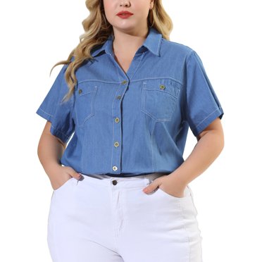 GRACE & GRANDEUR Women's Plus Workout Tops Chest Pocket Button Down Denim Shirts Sky Blue 1X