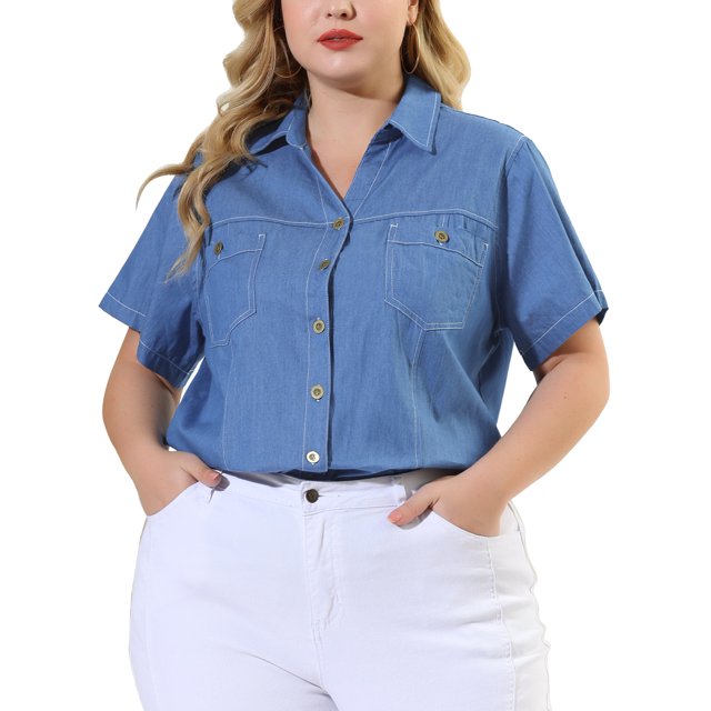 GRACE & GRANDEUR Women's Plus Workout Tops Chest Pocket Button Down Denim Shirts Sky Blue 2X