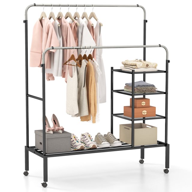 Patiojoy Double Rods Garment Rack Clothes Drying Rack w/ 2 Hanging Height Adjustable Rods 4 Universal Wheels Silver