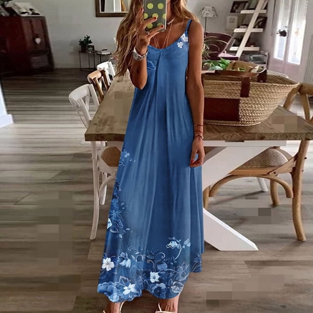 Ovzne Robes pour Femmes 2025 Robe Robes d'Été pour Femmes Imprimé Sans Manches Col Rond Robe Décontractée Longues Robes Robe pour Femmes Imprimée Liquidation