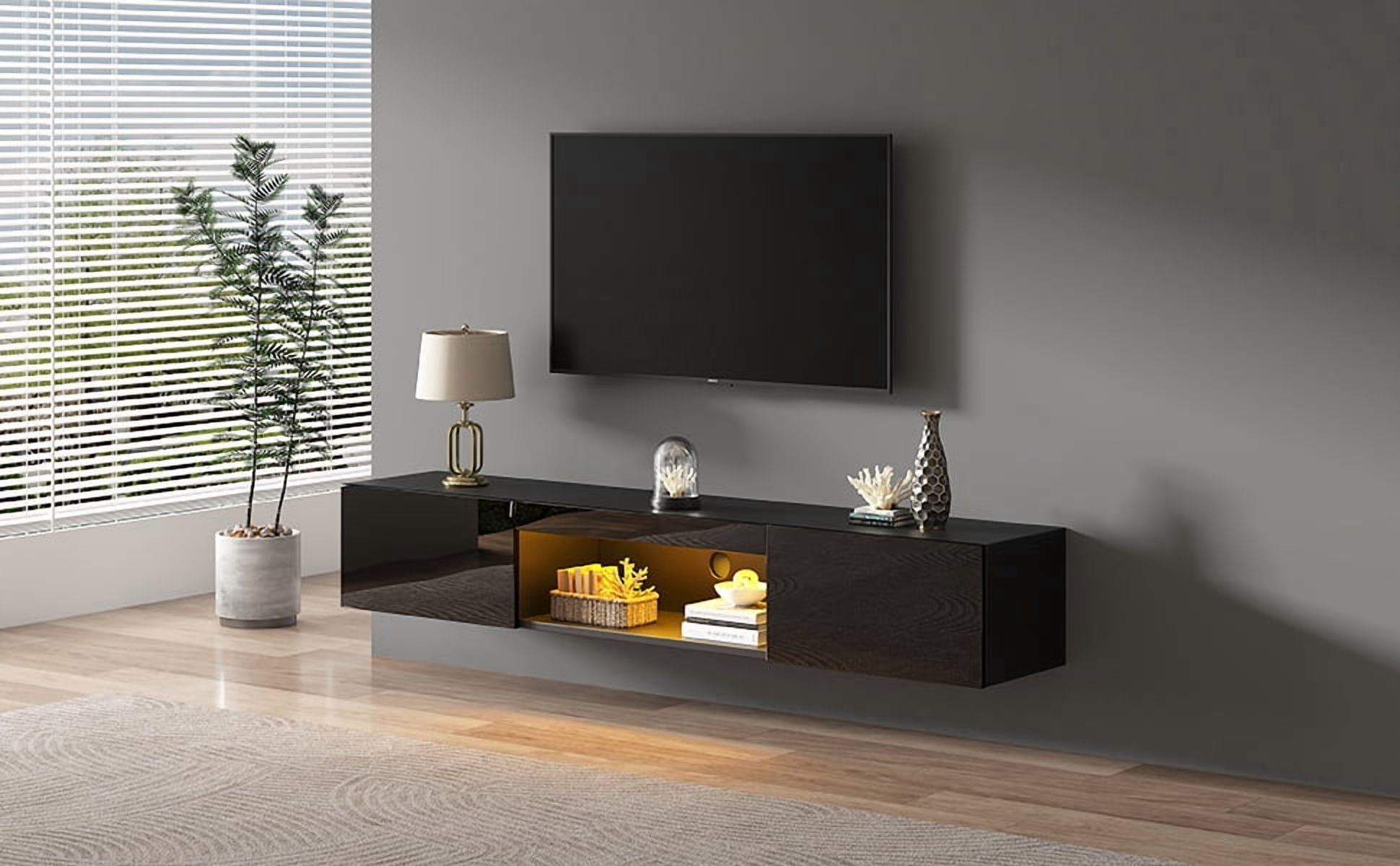 Meuble télé suspendu Noble House 160 cm avec éclairage DEL, pour téléviseur 178 cm, noir