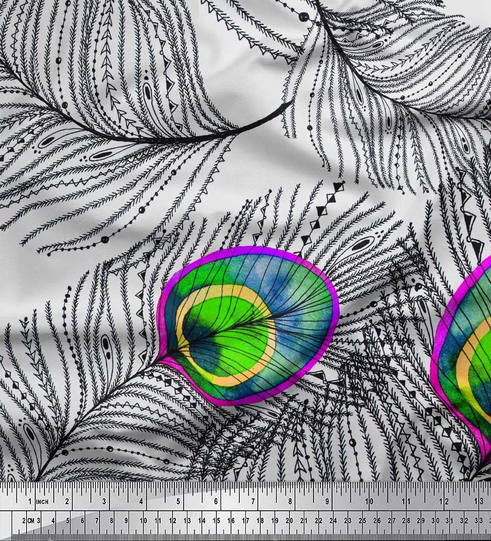 Soimoi polyester Crepe Fabric Peacock Feather Print Fabric by the Yard 42 Inch Wide