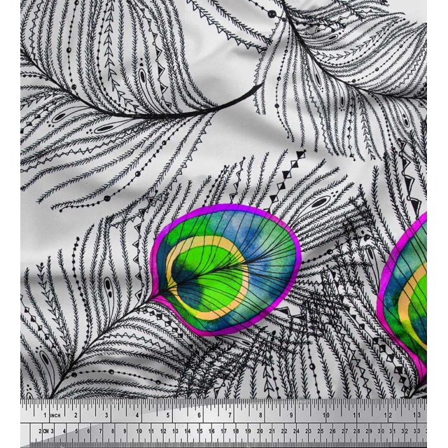 Soimoi Modal Satin Fabric Peacock Feather Print Sewing Fabric Yard 42 Inch Wide