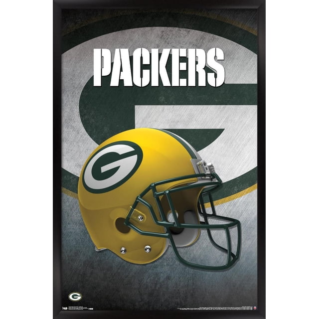 NFL Packers Green Bay Green Bay Packers - Affiche Murale de Casque 16, 22,375 Po x 34 Po Encadrée Montrant une Vue Latérale d'Un Casque de football Jaune avec un Masque Vert et le logo « g » des, sur Fond Texturé avec un Grand Emblème des Packers Délavé et un Texte « Packers » Blanc Audacieux au-Dessus, Convient à la Déco Intérieure à Thème Sportif.