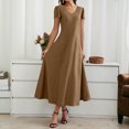 thumbnail image 4 of LOVZFMLL Robes Maxi pour Femmes Été Décontracté Manches Courtes Pétale Col en V Ligne A Longues Robes Évasées Fluides Robes T-Shirt avec Poches Café TTG, 4 of 8