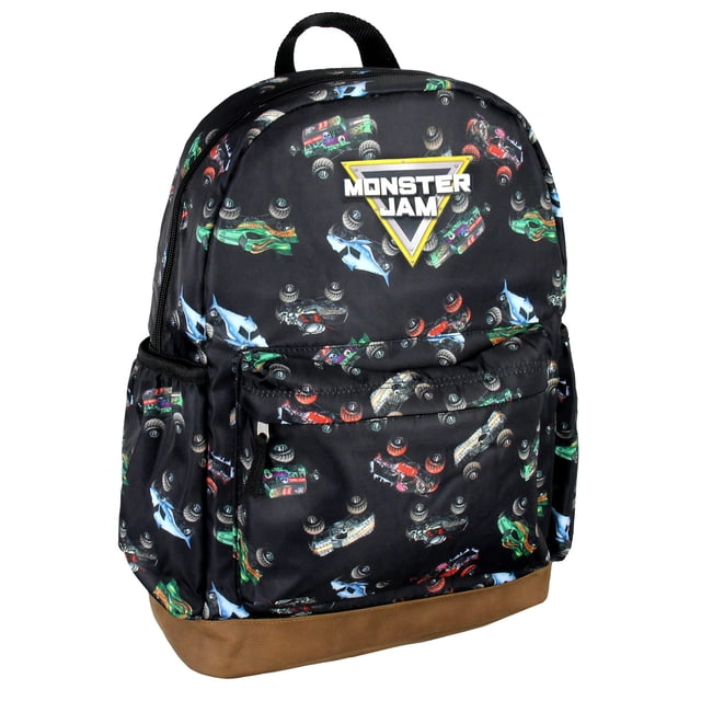 Monster Jam Trucks Dragon Zombie Grave Digger Megalodon All Over Print Backpack featuring a black background with vibrant prints of Monster Jam trucks, including Dragon, Zombie, Grave Digger, and Megalodon. The backpack is made of 100% polyester with a sturdy brown bottom, a front zippered pocket, and two elastic water bottle pockets on the sides. It measures approximately 16 x 13 x 5 inches, making it ideal for carrying books or as a travel bag. Officially licensed by Intimo, this backpack is perfect for Monster Jam fans.