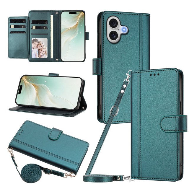 iPhone 17 Leather Wallet Case, Book Style Cover with Tab Closure, Dark Green
