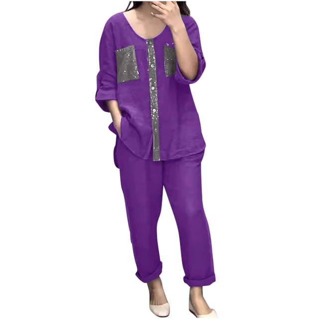 Hvobtty Ensembles de Blouses à Col Rond à Manches Courtes pour Femmes, Ensemble Décontracté et Tendance pour Femmes, Couleur Unie, Chemise à Manches Cinq Quarts Boutonnée à Double Poche et Pantalon