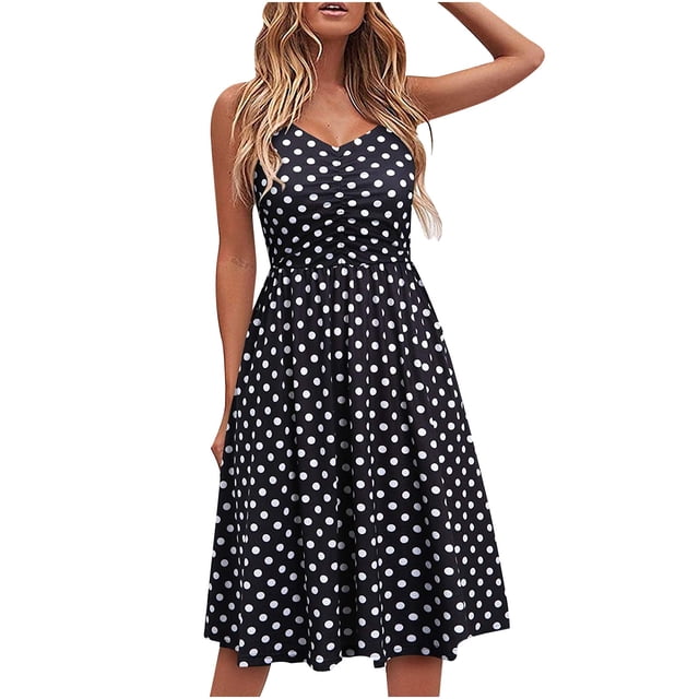 Pisexur Robe Sans Manches à Col en V pour Femmes avec Motif à Pois Noir et Blanc. Cette Robe d'Été Décontractée Présente une Poitrine Froncée Flatteuse, des Bretelles spaghetti Ajustables et une silhouette Trapèze Longueur Genou. Conçue avec des Poches Latérales Fonctionnelles et une Fermeture Éclair Latérale invisible, Elle Offre à la Fois du style et de la Praticité. Convient à Diverses occasions comme les Sorties à la Plage, les Rassemblements Décontractés Ou les Événements Formels.