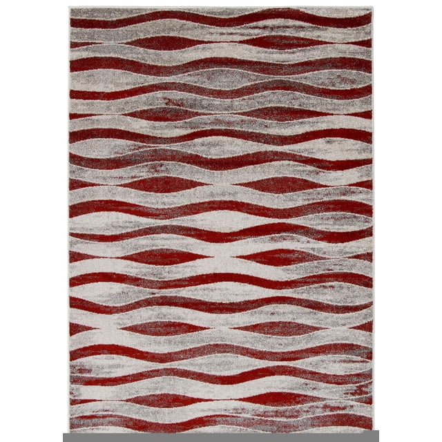 ECARPET Neela Ivory/Red Rug with bold geometric wave patterns in ivory and red, made from plush material for softness, shown flat in a top-down view, ideal as an indoor accent rug for family homes and suitable for layering with other area rugs.