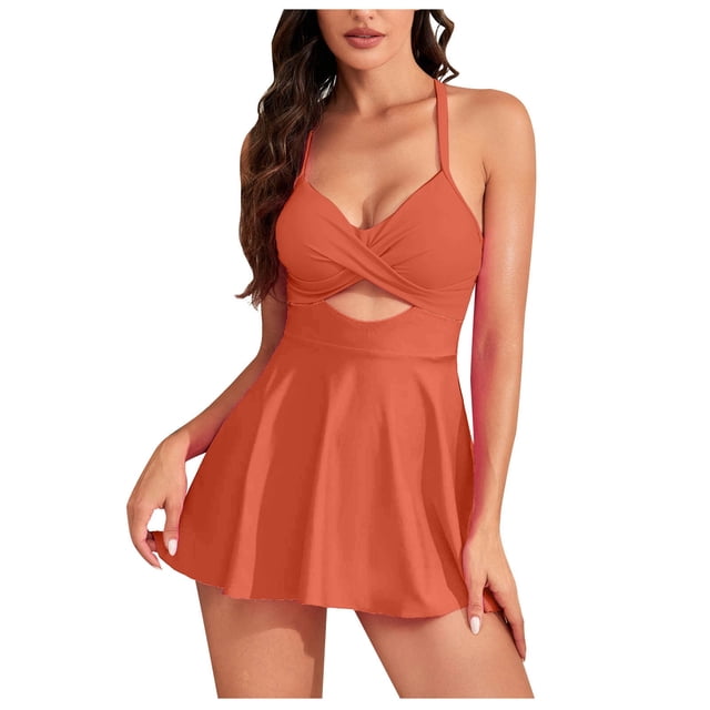 Penkiiy Maillot de Bain une Pièce à Volants pour Femme Grande Taille, Jupe, Col en V, Découpes, Robe de Bain, Contrôle du Ventre, devant Torsadé, Maillots de Bain, m Rouge Melon D\'eau