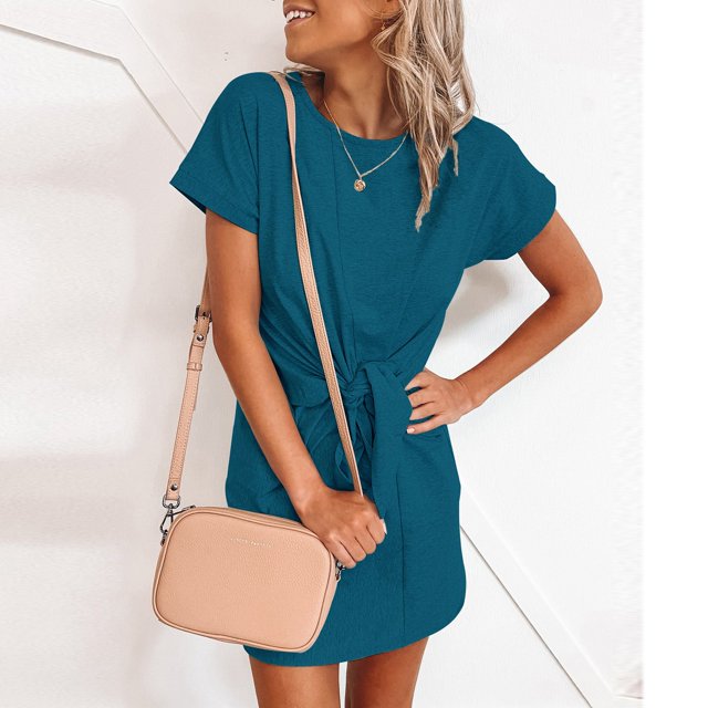 Gspmoly Robes Grande Taille pour Femmes aux Formes, Robe Décontractée et Tendance pour Femmes à Col Rond Coloré avec Lien, Manches Courtes, Robes de Cocktail jusqu'à 70 % de Rabais