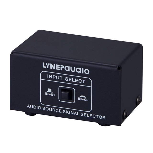 LYNEPAUAIO Audio Switcher 3.5mm Splitter Box, a black metal stereo audio accessory designed for home audio setups. Features two stereo input channels and one output channel with a manual two-position push-button switch for seamless switching between computer speakers and headphones. Delivers distortion-free sound with no ground noise. Compact and lightweight at 2.71 x 1.69 x 1.53 inches, offering plug-and-play functionality without requiring a power supply.