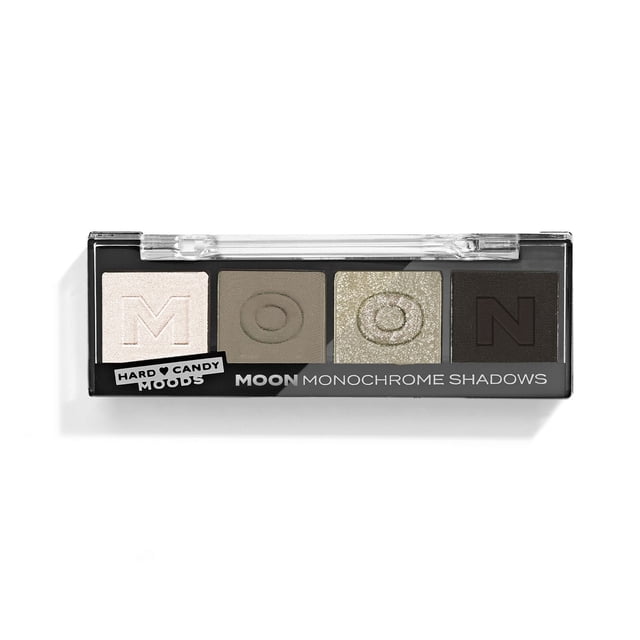 Hard Candy, Moods Shadow Palette, 4 Bold & Buildable Monochromatic Shades, MOON, .10oz, rectangular eyeshadow palette featuring four neutral monochrome shades: matte cream, matte taupe, shimmery gold, and matte dark brown, each embossed with letters spelling MOON, in a black compact with clear lid labeled MOON Monochrome Shadows, ideal for versatile, long-lasting eye looks with a crease-free formula.