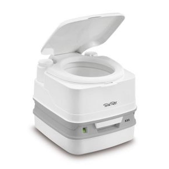 Thetford Toilette 92828 Porta Potti 335; Portable; Siège Rond avant Carré; Contrôle de Chasse à Pompe à Piston; Blanc/gris; Sans Pulvérisateur à Main Économiseur d'Eau; 27 Chasses d'Eau Moyennes; avec Indicateur de Niveau