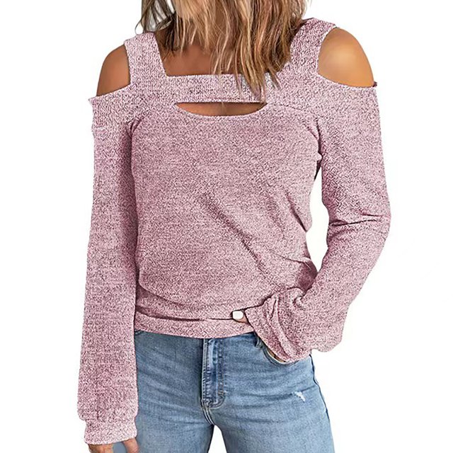IROINID Clearance Ladies Long Sleeve T Shirts Causal Round Neck Leaky Shoulder Lightweight Sweatshirts Solid Color Hedging Tops,Pink